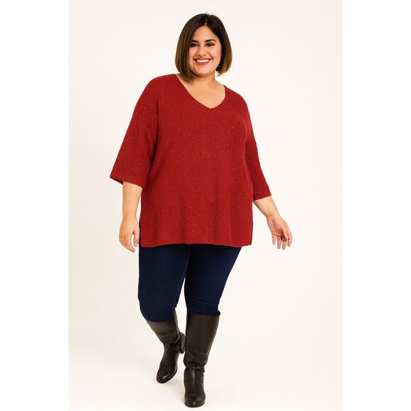 EVRI Red Sparkle Tunic V-Neck Sweater 2X Plus Size Cozy Knit Top - Picture 1 of 5